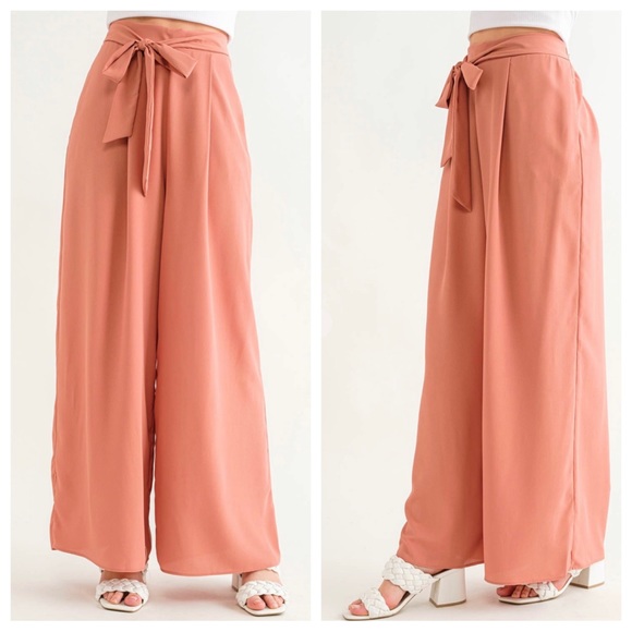 ShopEvelynne Pants - Wide Leg Pleated Pants with Self Tie and Pockets